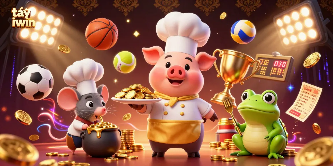 Engage with the vibrant scene featuring tải iwin, a dynamic chef pig serving gold coins among lively sports elements.