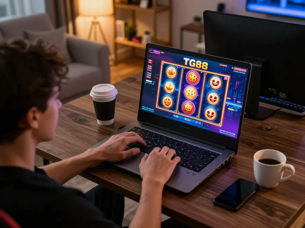 Player engaged in TG88 online casino gaming on a laptop, showcasing vibrant slot graphics