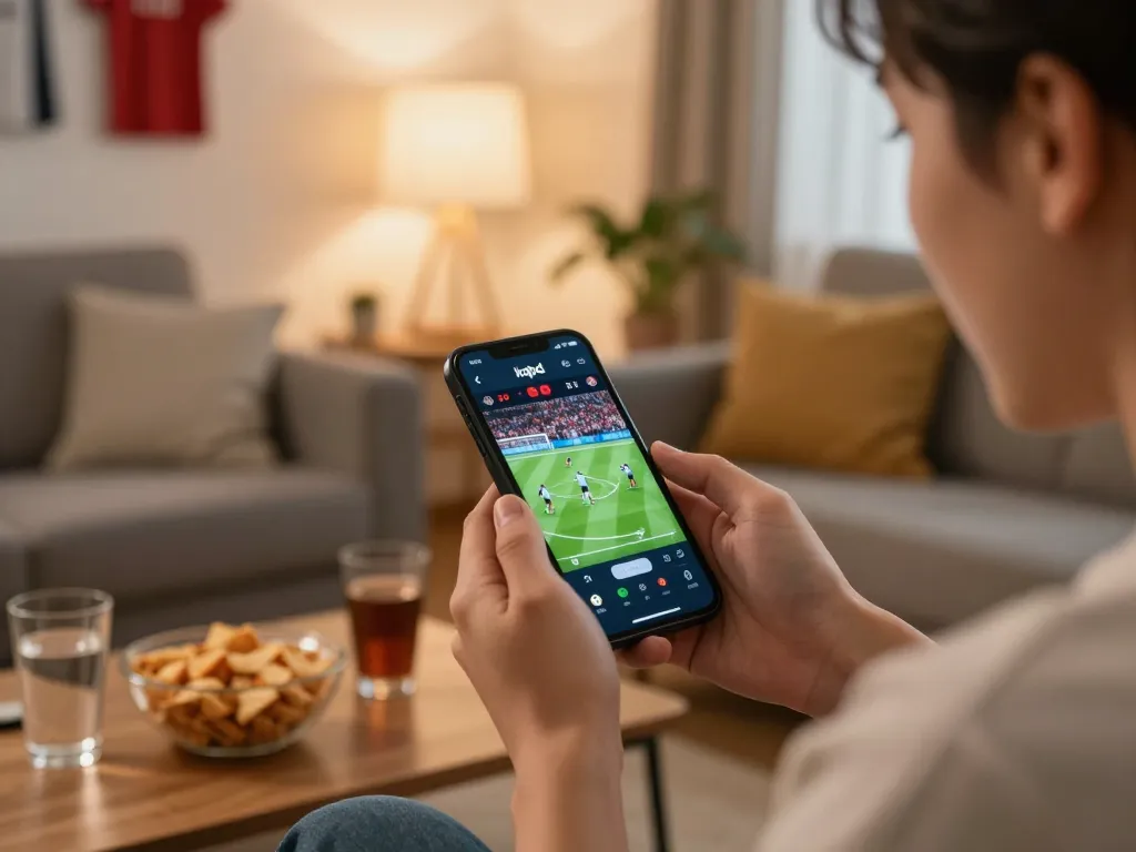 Monitoring fast-paced kqbd updates on a smartphone during an exciting football match.