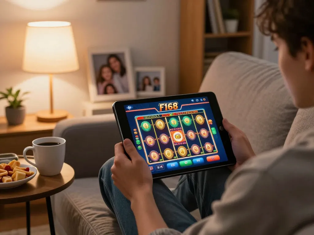 F168 player engaged in online slots on tablet, cozy home setup with warm lighting.