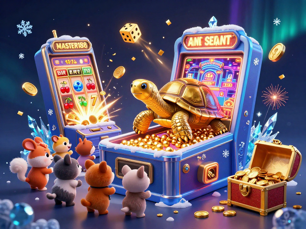 Engage with the exciting MASTER188 LINK RESMI illustrated scene featuring vibrant slot machines and playful characters.