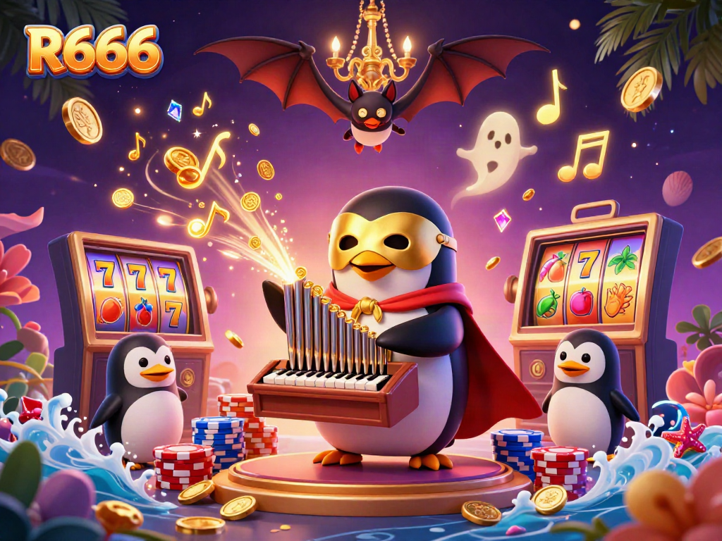 Engaging R666 themed casino illustration with a penguin organist, cascading coins, and slot machines.