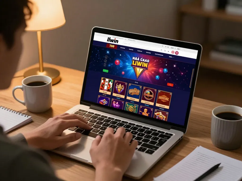 Engaged player exploring games at nhà cái llwin online casino, highlighting strategy in a comfortable setting.