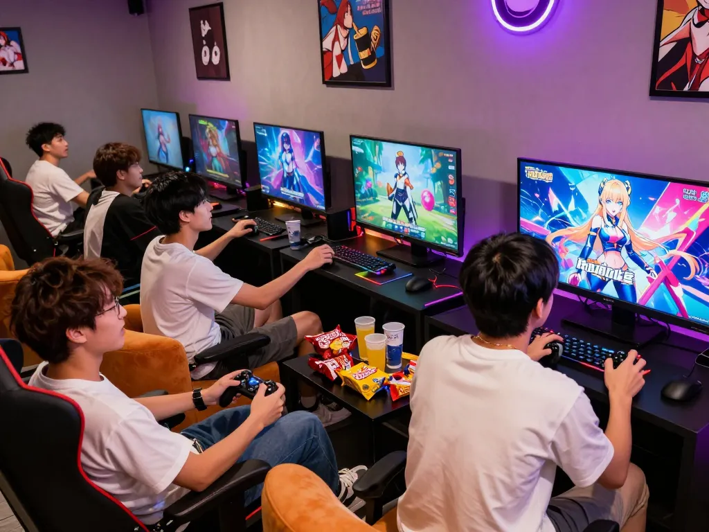 Play immersive hentai games with friends in a vibrant gaming lounge atmosphere.