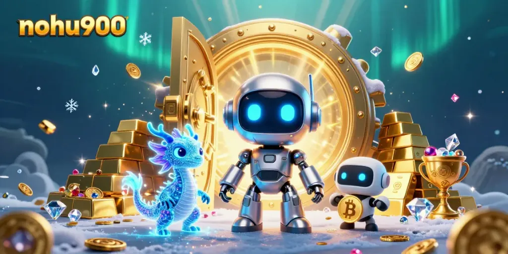 Experience the thrilling adventures at nohu900 with vibrant slot reels and jackpot treasures bursting from a magical vault.