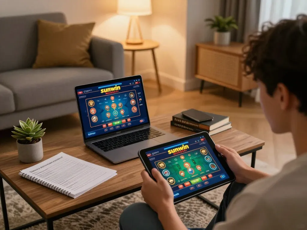 Engaging in sunwin online casino gaming in a cozy, stylish home environment.