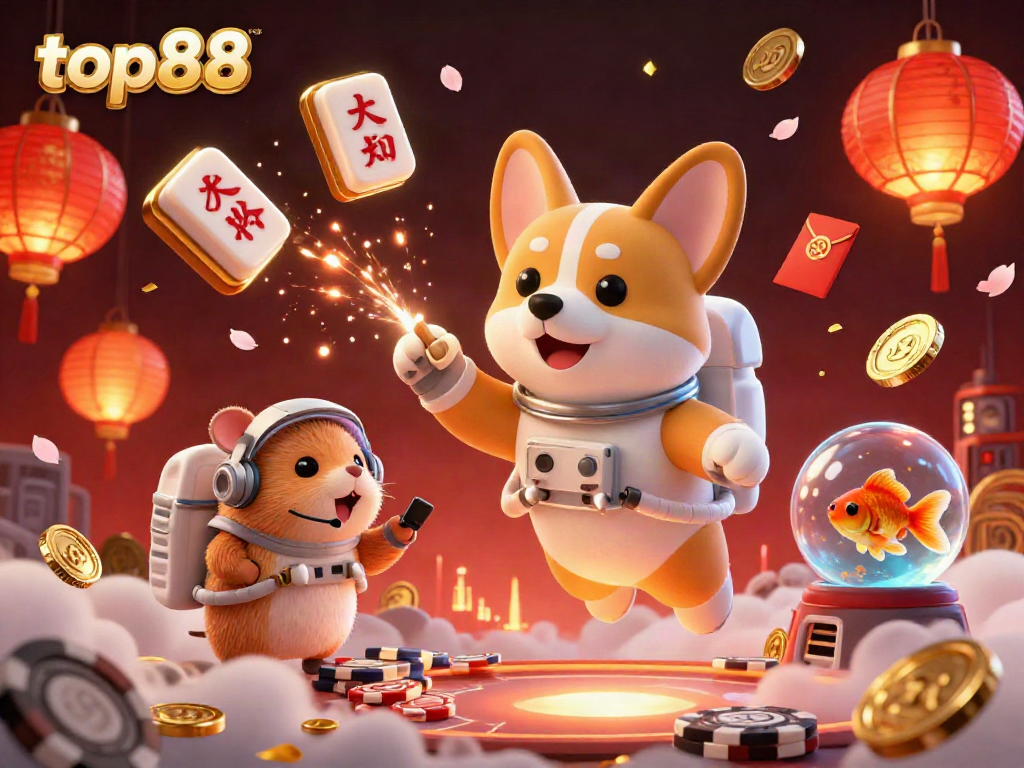 Explore the thrilling universe of top88 in this dynamic gaming scene featuring a cartoon astronaut corgi, rich game elements, and vibrant visuals.