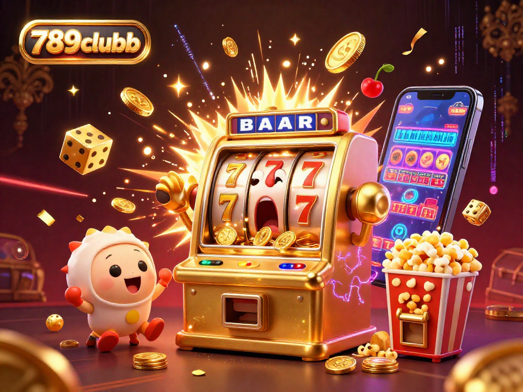 Engage with thrilling 789clubb adventures as golden slot machines celebrate a jackpot victory amidst sparkling casino chaos.