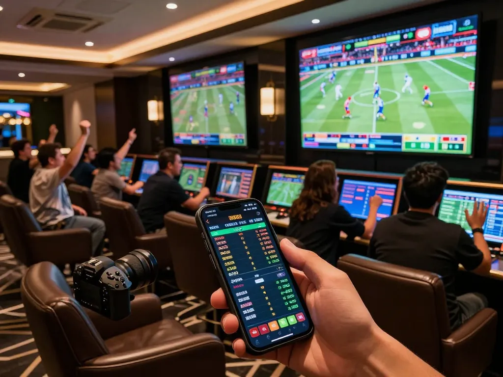 Engaged sports bettors analyzing odds on mobile while enjoying the vibrant atmosphere of tin soi kèo action