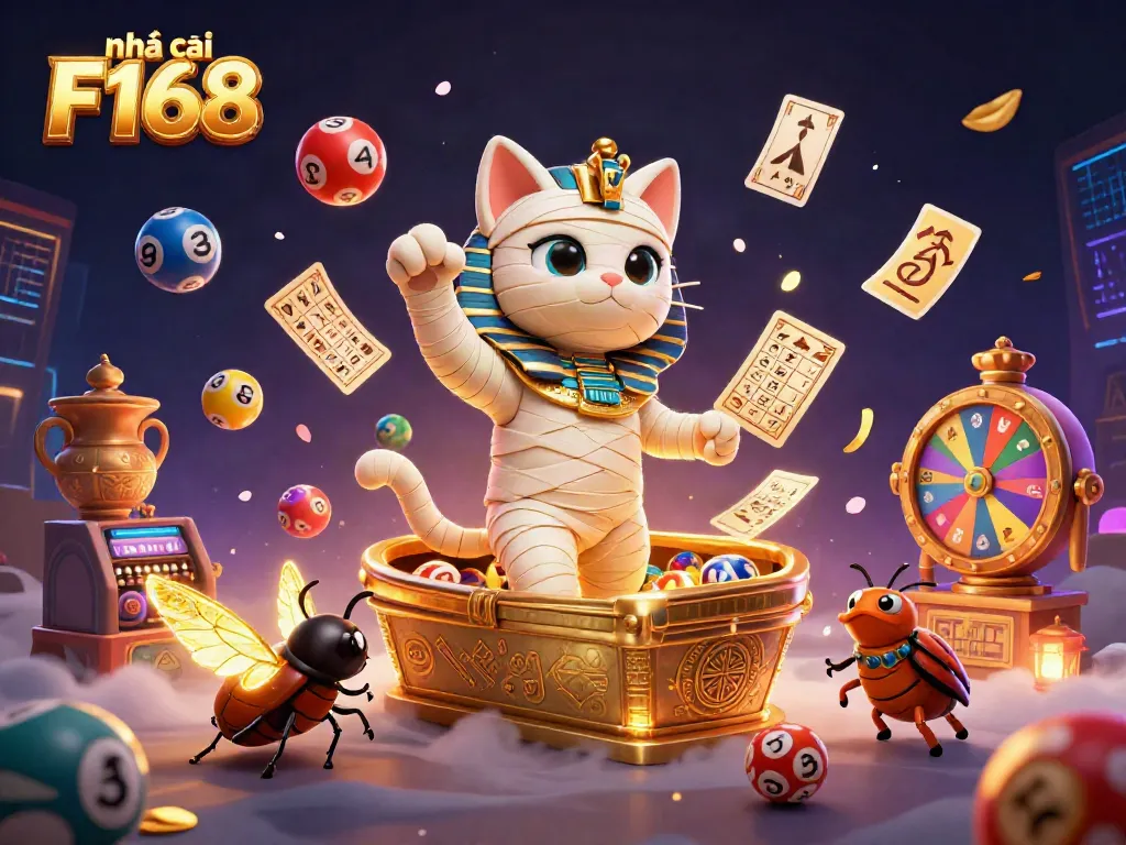 Join the thrilling adventures of Nhà cái F168 as colorful lottery balls and glowing elements create an electrifying gaming atmosphere.