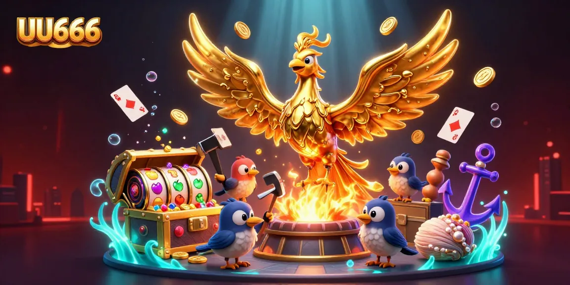 UU666 casino scene featuring a golden phoenix with gold coins, vibrant treasures, and playing cards.