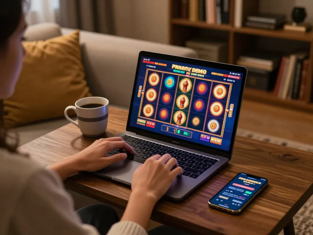 Engaging in Pragmatic Demo slots on a stylish laptop in a cozy home setting, showcasing vibrant gaming graphics.