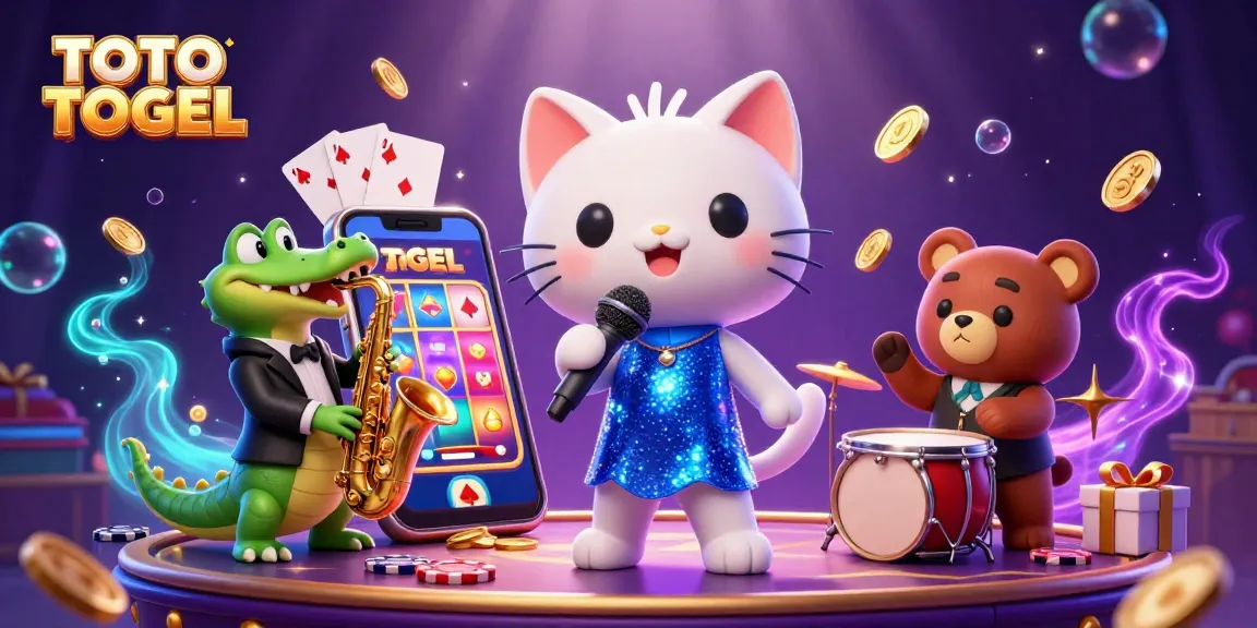 Experience TOTO TOGEL with lively cartoon characters and vibrant casino elements celebrating the exciting atmosphere.