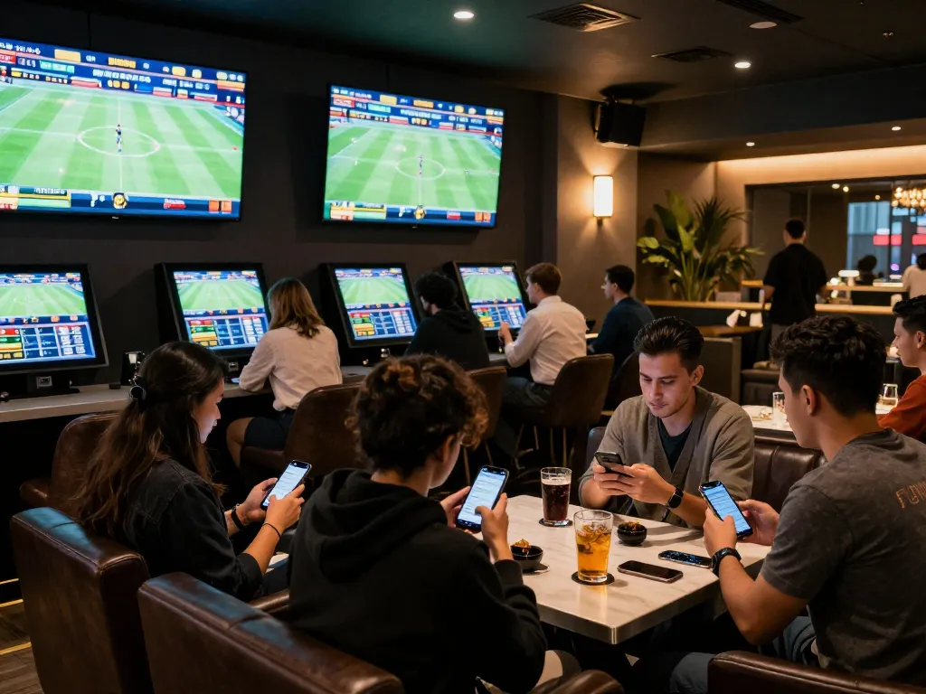 Max 79 bettors engaged in a lively sports lounge analyzing odds and placing bets
