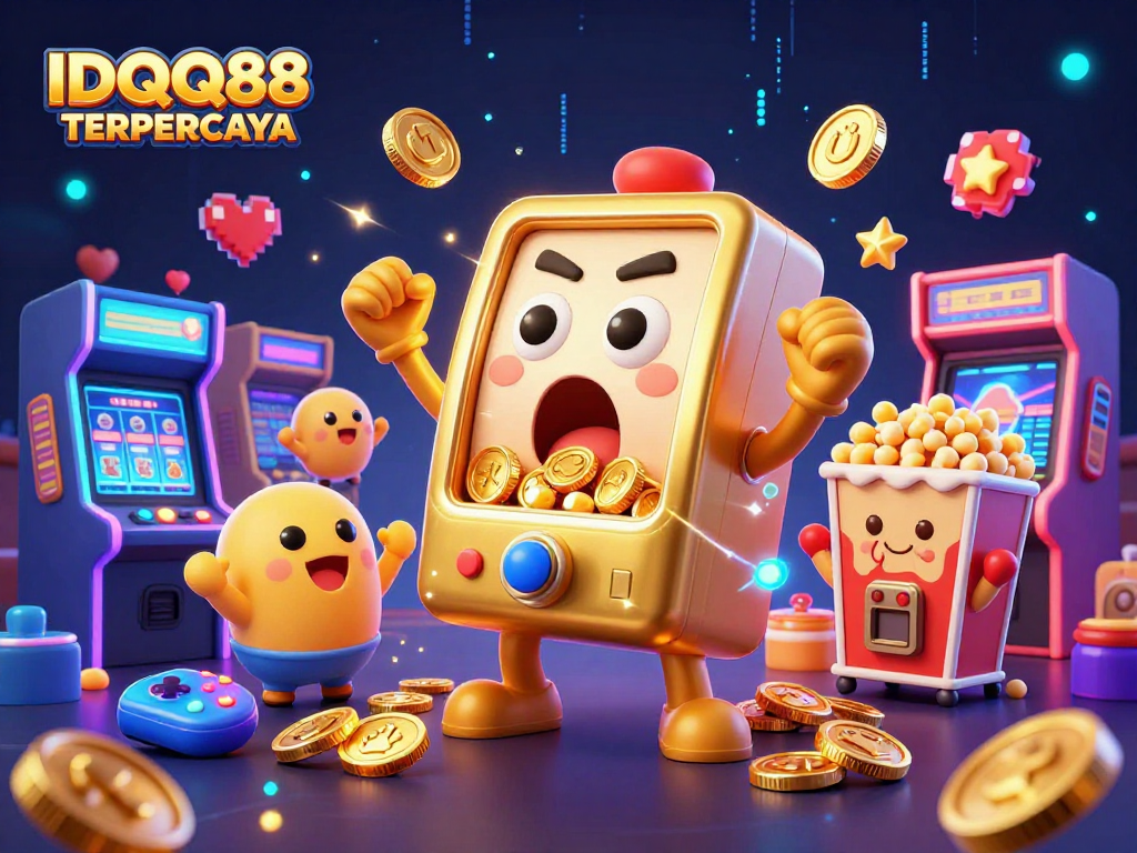 Experience the excitement of IDQQ88 TERPERCAYA as cartoon slot machines celebrate their jackpot win in a vibrant casino illustration.