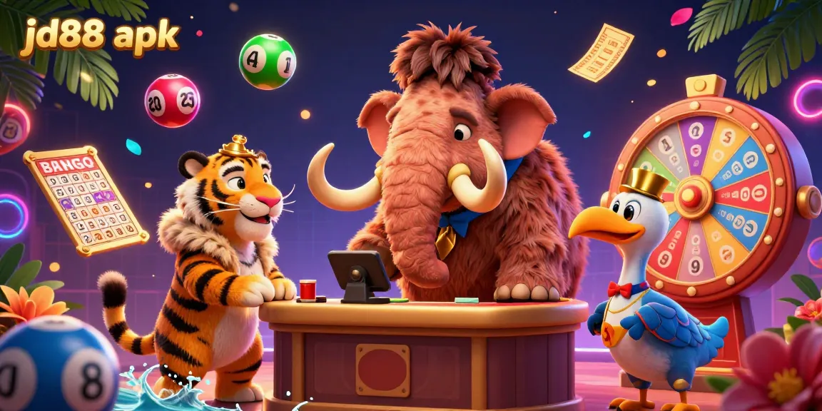 Engage with the vibrant atmosphere of the JD88 apk casino scene featuring a woolly mammoth bouncer and colorful lottery elements.