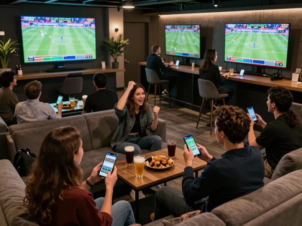 Sunwin gamblers placing bets on their smartphones in an exciting sports betting lounge atmosphere.