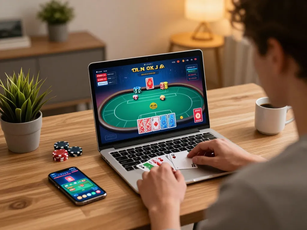 Engaging in strategic poker gameplay on 壹發娛樂 at home with warm lighting