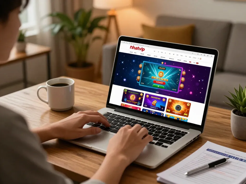Nhatvip player engaging strategically on a laptop, enjoying a cozy online gambling atmosphere.