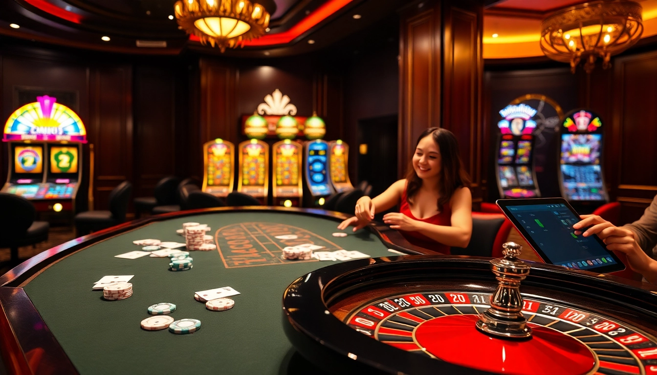 Players enjoying the casino experience at uu88 with vibrant games and a luxurious atmosphere.