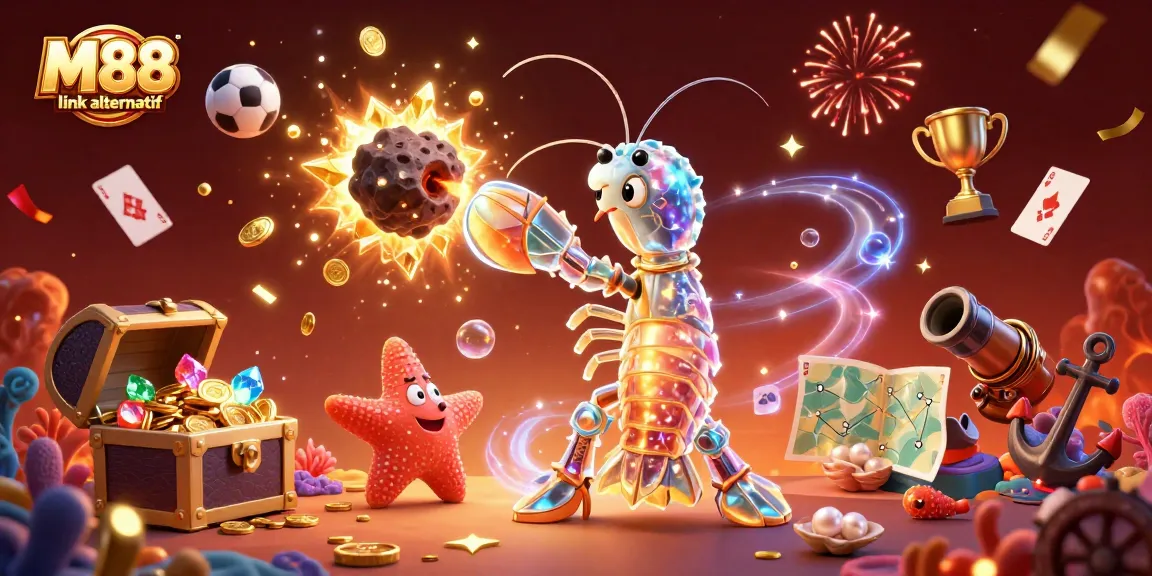 Experience the thrill of betting with M88 link alternatif amidst a dynamic animated casino scene.