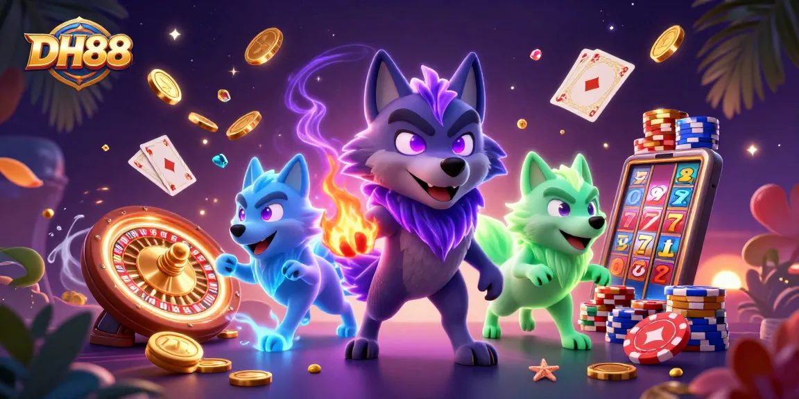 Win big with DH88 in a vibrant 3D casino fantasy featuring wolves and gambling elements.