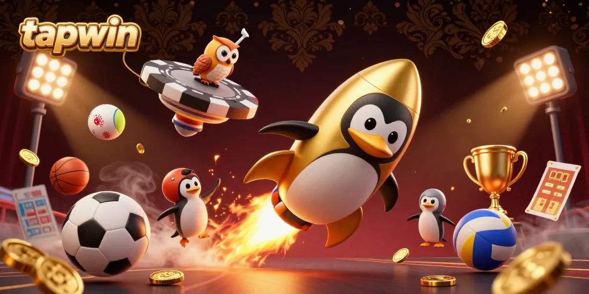 Experience the thrilling action at tapwin with a golden penguin zooming towards a giant casino chip in a vibrant 3D scene.