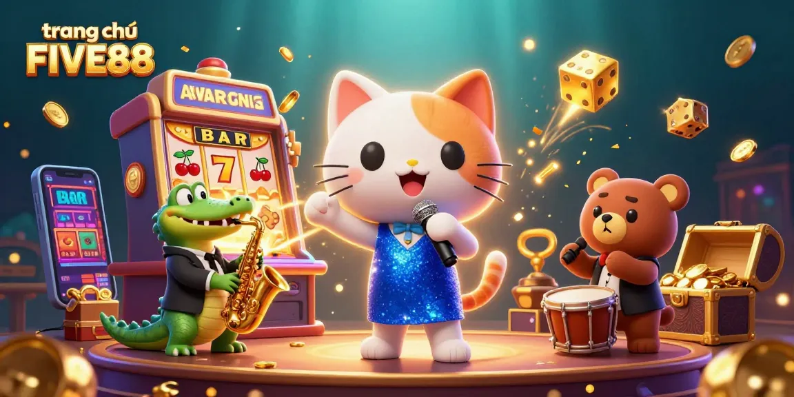 Experience the vibrant world of trang chủ FIVE88 with a lively 3D casino illustration featuring captivating characters and dynamic gaming elements.