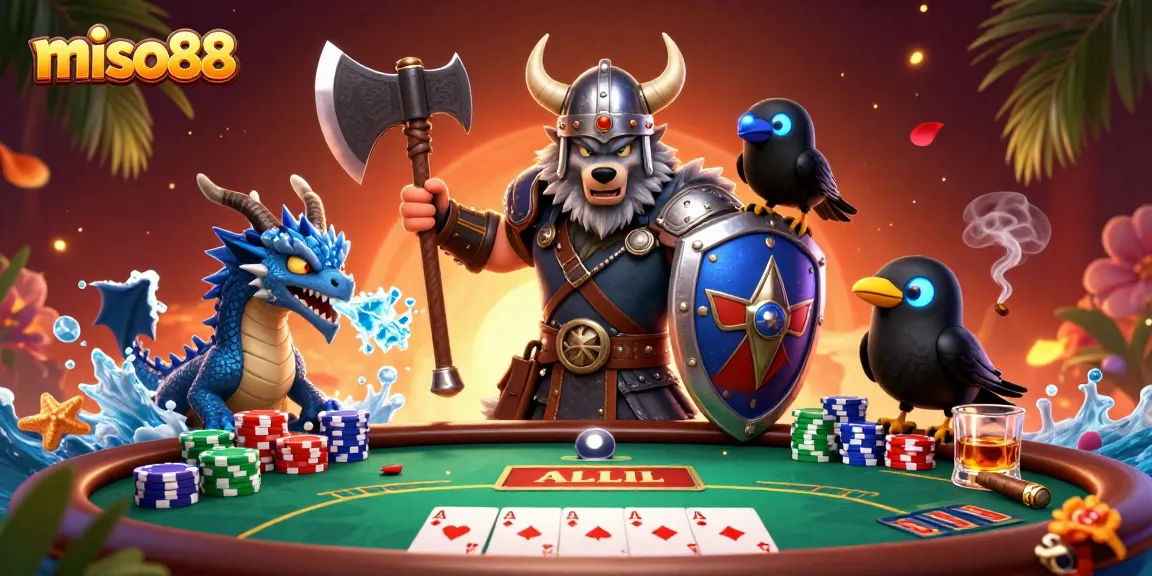 Engage with miso88's thrilling poker scene featuring a Viking wolf warrior and fierce dragon.