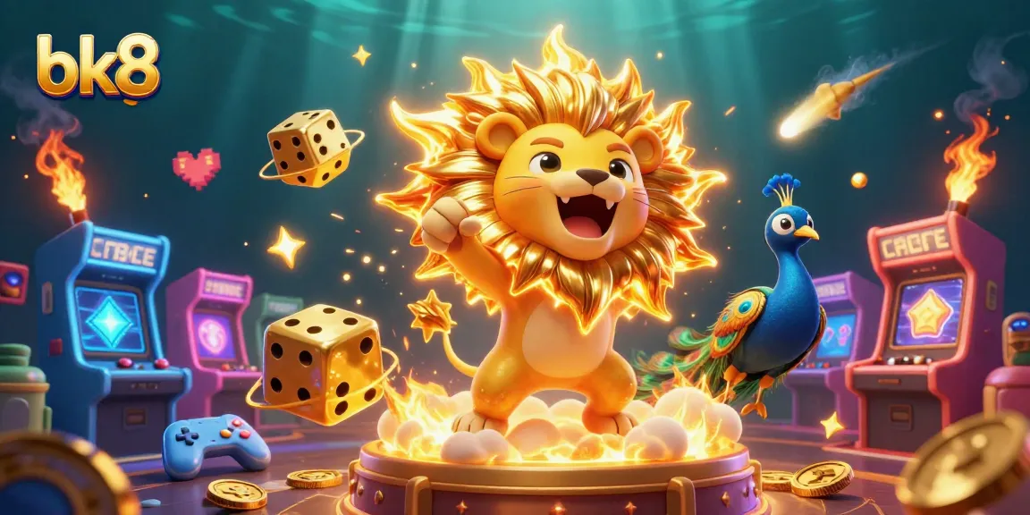 Experience thrilling gameplay with bk8's vibrant casino-themed art featuring a roaring lion and dynamic game elements.