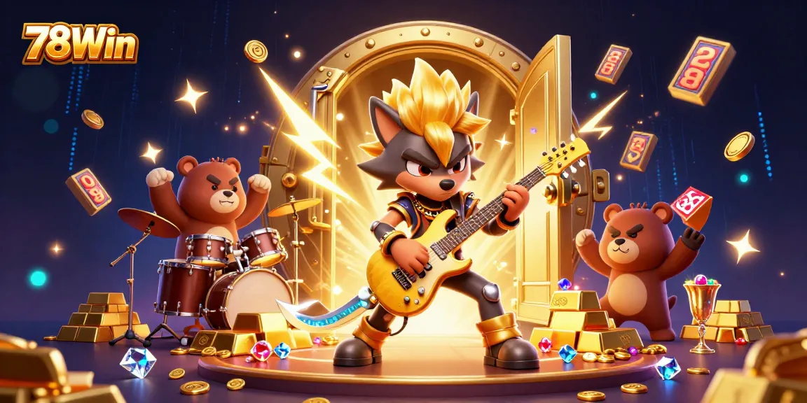 Immerse in the exhilarating world of 78Win, where a rock star wolf showcases epic gaming excitement amid dazzling casino treasures.