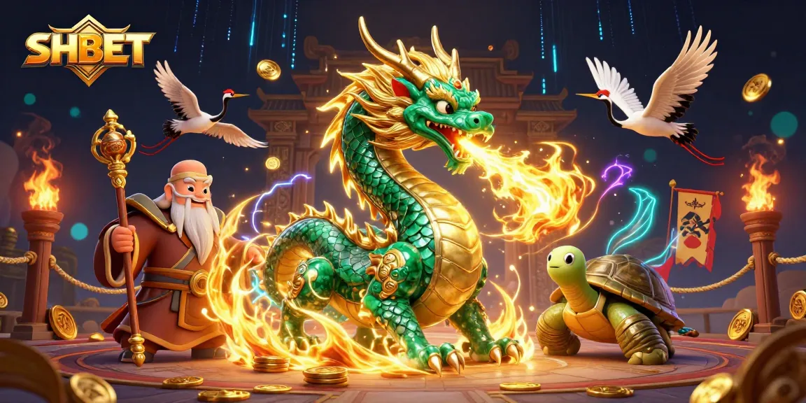 SHBET captures the thrill of gaming with a dynamic scene featuring a jade dragon, turtle sage, and flying cranes.