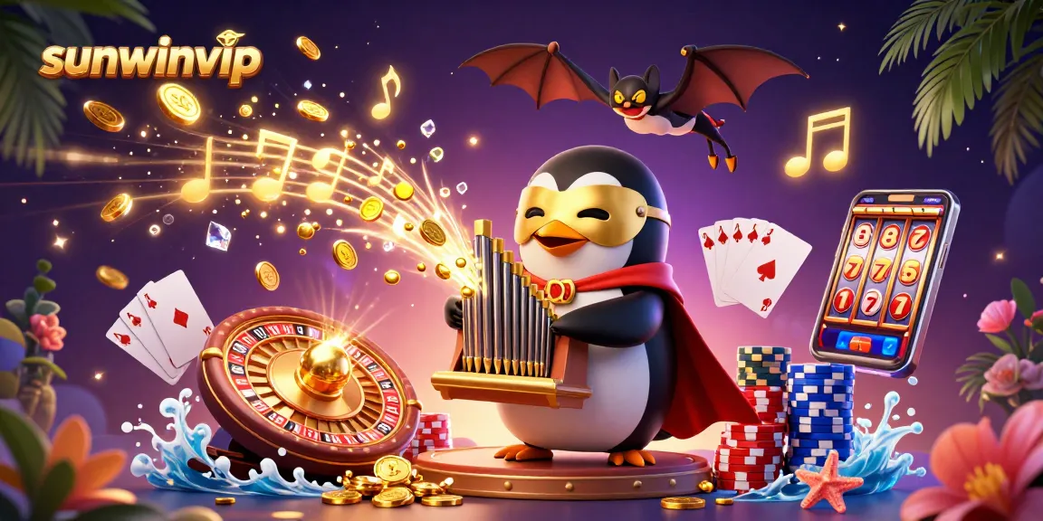 Experience thrilling wins with sunwinvip's vibrant casino scene featuring golden coins and a penguin organist.