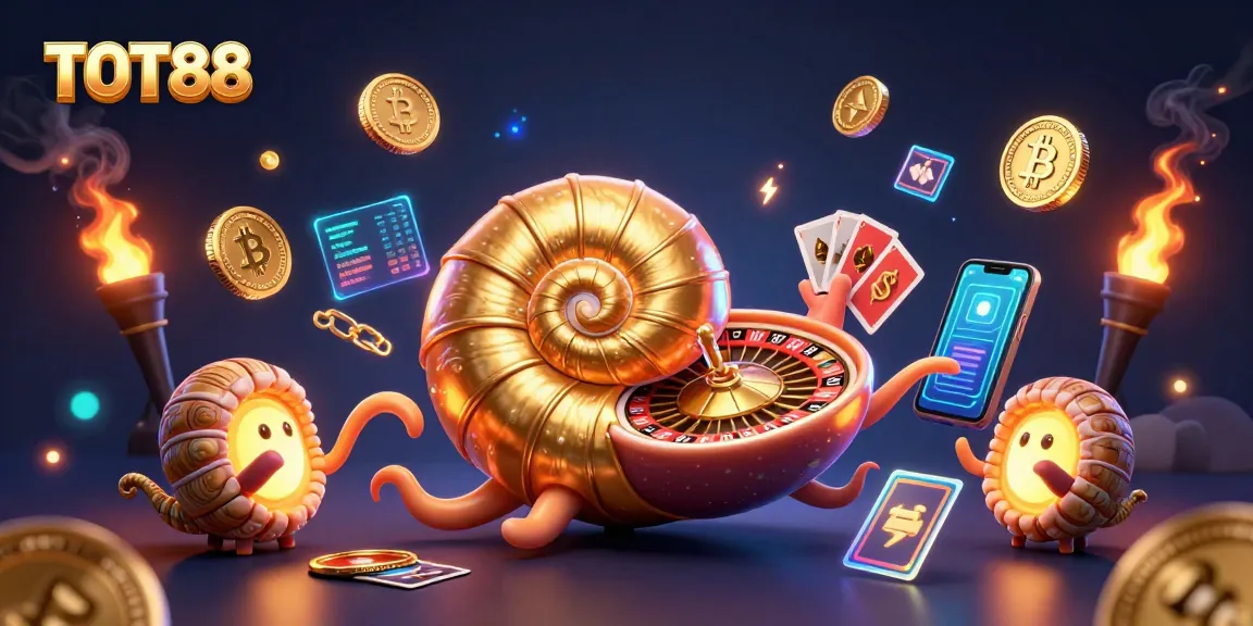 Join the excitement at TOT88 with a 3D nautilus roulette wheel in a vibrant casino scene.